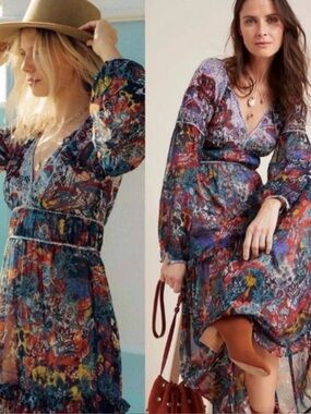 Printed Maeve Anthropology V-Neck Long Sleeve Maxi Dress in Multi-Color